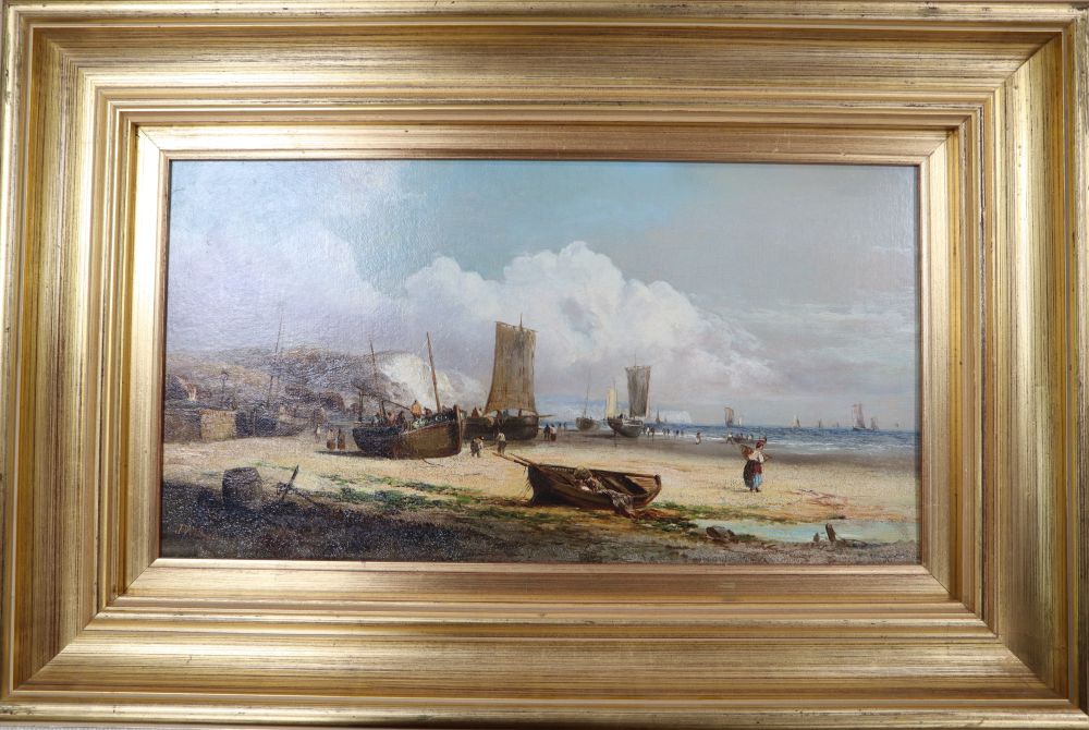 John James Wilson (1818-1875), Low tide, Folkestone, signed, oil on canvas, 24cm x 44cm